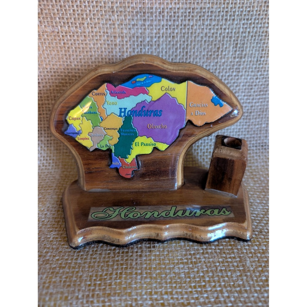 Honduras Wood Travel Souvenir Map Pen Holder Colorful Kitschy Desktop Decor